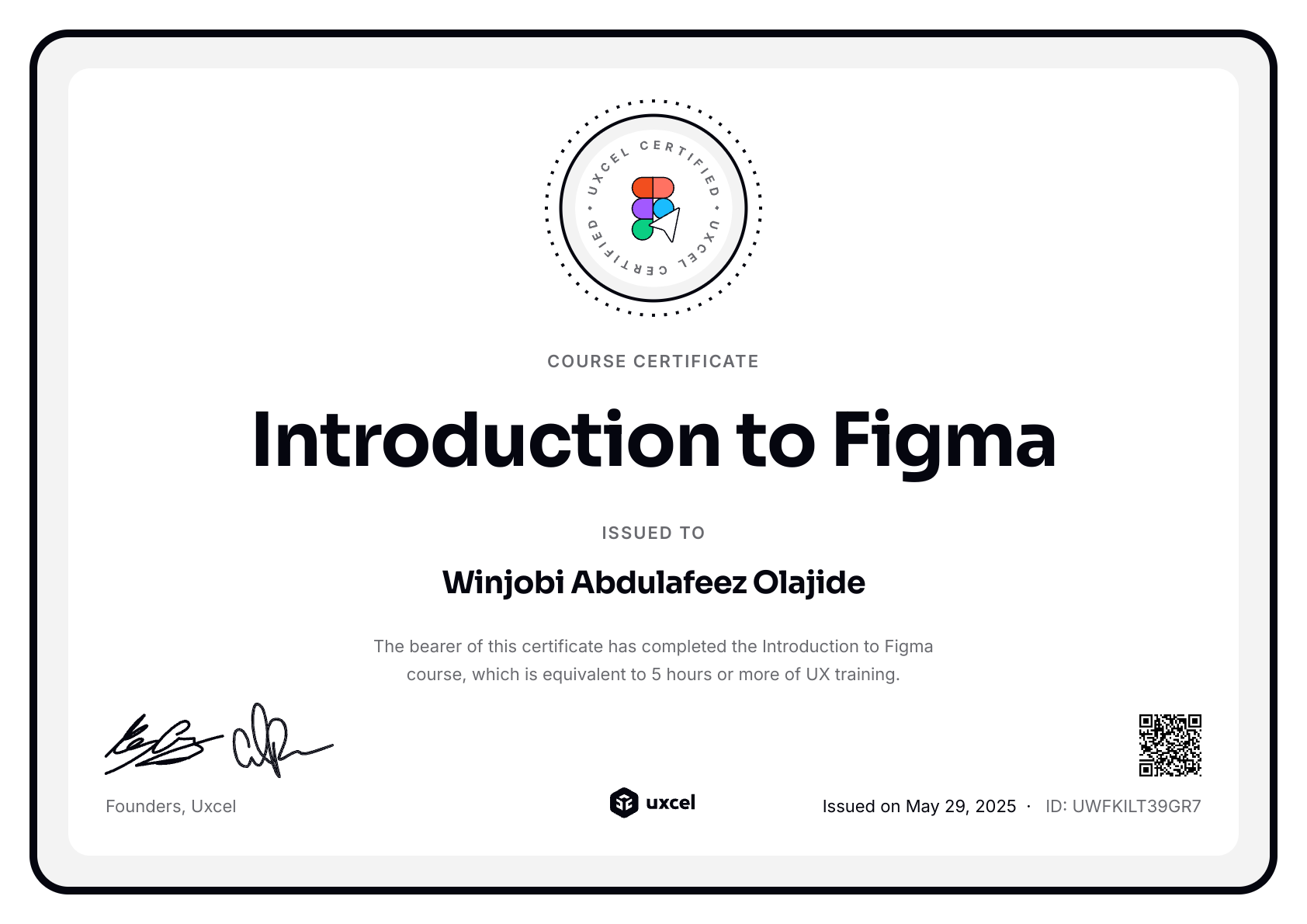 Winjobi Abdulafeez Olajide's certificate